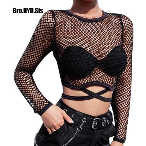 Sexy Women Mesh Crop Tops Hollow Out Long Sleeve Shirts 2020 Fashion Leotard Blouse Shirt Woman Summer Clothing Black