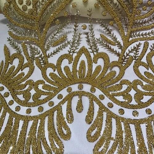 Champagne Luxury Design African Beaded Lace Fabric 5 Yards for Sewing Clothes/Wedding Dress Transparent Tulle Mesh Swiss Voile