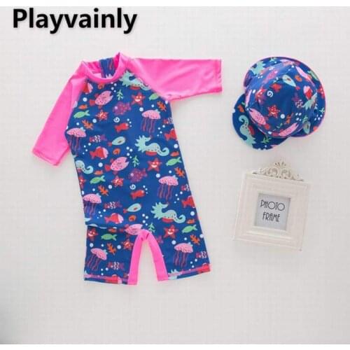 Baby Girls Swimming Wear Rose Little Fish printing One Piece Swimsuits with Hat Children Fashion Swimwear E71186