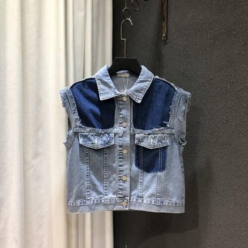 Summer Colors Panelled Womens Denim Vest Sleeveless Waistcoat Patchwork Design Fashion Student Lapel Casual Tops Short Jacket
