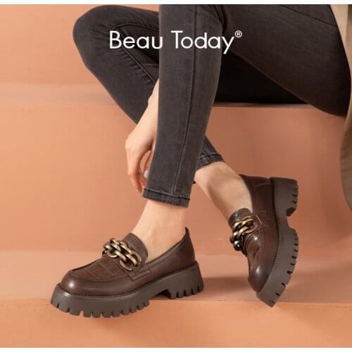 BeauToday Chunky Loafers Women Genuine Cow Leather Platform Shoes Round Toe Metal Chain Slip on Ladies Flats Handmade 27748