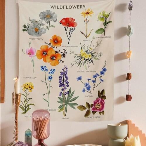 Kawaii Room Decor Wildflower Tapestry Room Decoration Aesthetic Decor Tropical Flower Chart Wall Hanging Tapestry Floral Decor
