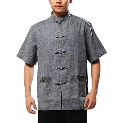 Mens Cotton Linen Tang Suit Tops Short Sleeve Martial Arts Shirts Breathable Kungfu Clothing