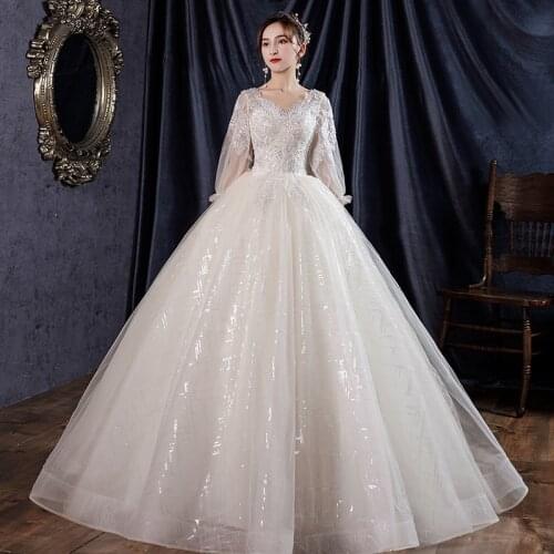 2021 New Sexy V Neck Wedding Dress Shining Beading Princess Ball Gown Puff Sleeve Slim Plus Size Custom Made Vestido De Noiva