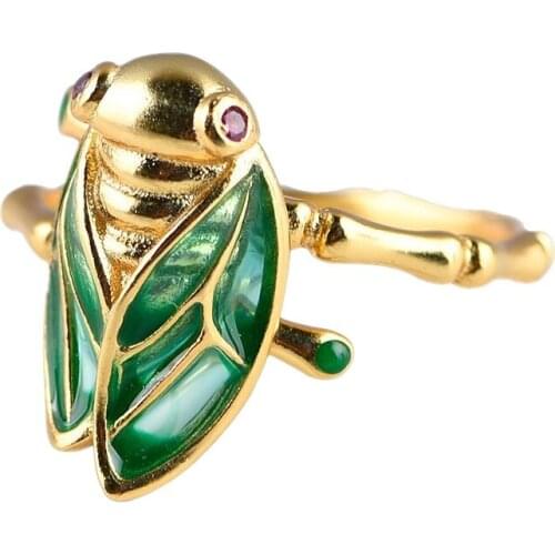 BOCAI New real S925 pure silver Chinese style gold-plated bamboo open Woman ring burnt blue cicada ring