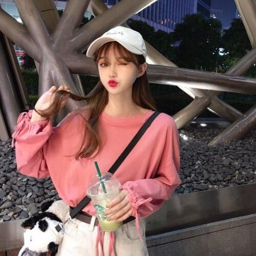 Spring new versatile short bandage long sleeve t-shirt female student thin loose thin round neck top