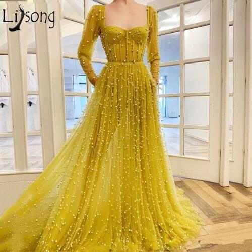 Charming A Line Pearls Prom Dresses Long Sleeve Square Neck Tulle Evening Gowns Sweep Train vestidos Special Occasion Dress