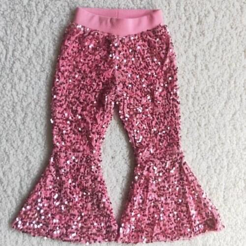 Wholesale Kid Fashionable Boutique Clothing Baby Girl Cute Real Sequins Pink Color Soft Comfortable Children Bell Bottoms Pants