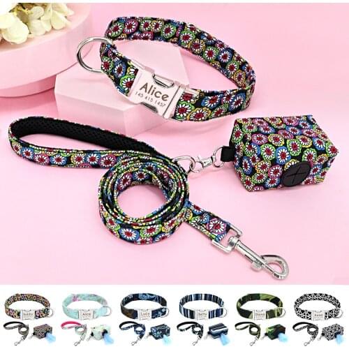 Personalized Dog Collar Leash Set Nylon Printed Dogs Puppy Collars Engrave ID for Small Medium Large Pet Pitbull French Bulldog