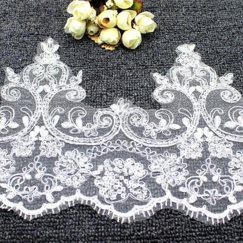 White Embroidery Lace For Wedding Dress Sequined Embroidered Mesh Tulle Bridal Flower Scallop Applique Lace White 19-20cm High