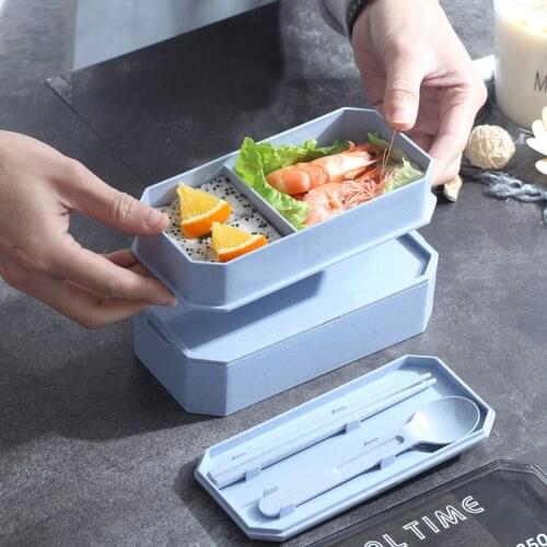Wheat Straw Double-Layer Square Lunch Box Bento Box Food Container Cutlery Set Outdoor Office School Portable Bento Box Set