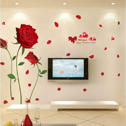 Romantic Love 3D Rose Flower Blossom Wall Stickers Furnishings Living Room TV Decoration Wall Sticker Home Decor Decal Art