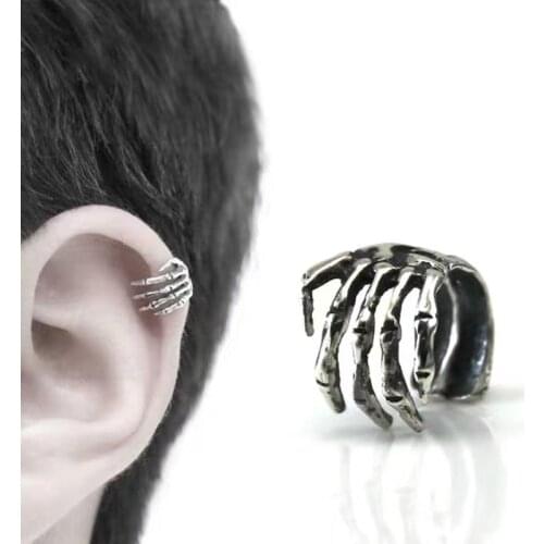 Keleton Finger Hand Clip Earrings For Women Men Punk Skull Ear Cuff Clip Without Piercing Fake Cartilage Earrings Jewerly Gifts