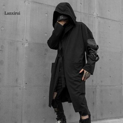 Male sleeve hollow out punk hip hop hooded trench coat with adjustable belt man vintage long jacket gothic cloak