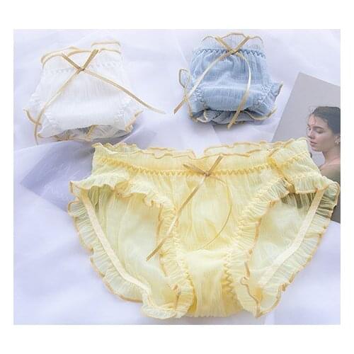 Sweet Sexy Women Lace Panties Net Yarn Transparent Underwear Summer Briefs Bows Trim Cute Girls Intimates 5 Colors