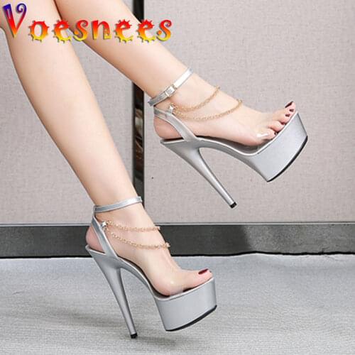 New PVC Women Sandals Fashion Metal Decoration Chain Ankle Buckle Stiletto Shoes Hyaline Elegant Party Dress Platform High Heels