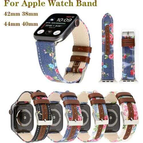 High quality Leather loop Strap for Apple Watch band 4 44/40mm Denim Floral Printed Sports band for iWatch series 3 2 1 42/38mm