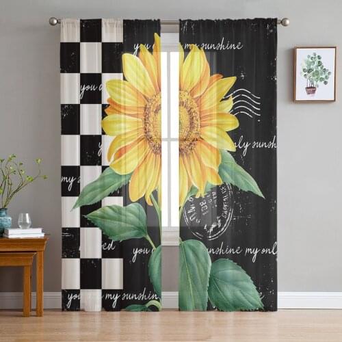 Country Farm Flower Sunflower Black Plaid Tulle Curtain Voile Transparent for Bedroom Living Room Kitchen Sheer Window Curtains