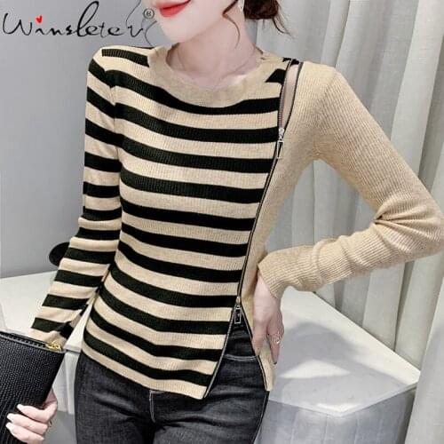 Fall Winter European Clothes Knitted Sweater Fashion Sexy Hollow Out Zipper Women Patchwork Stripe Female Casual Jumper T18601A