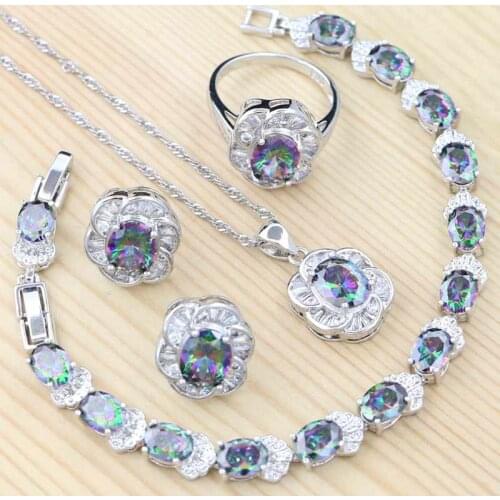 925 Silver Jewelry Kit For Women Mystic Rainbow Cubic Zirconia Crystal Flower Ring Bracelet Necklace Pendant Stud Earrings Set