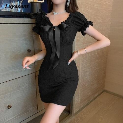Black White Women Elegant Vintage Mini Dress Summer Lady Puff Sleeve Slash Neck Sexy Dresses Off Shoulder Bow Street Vestidos