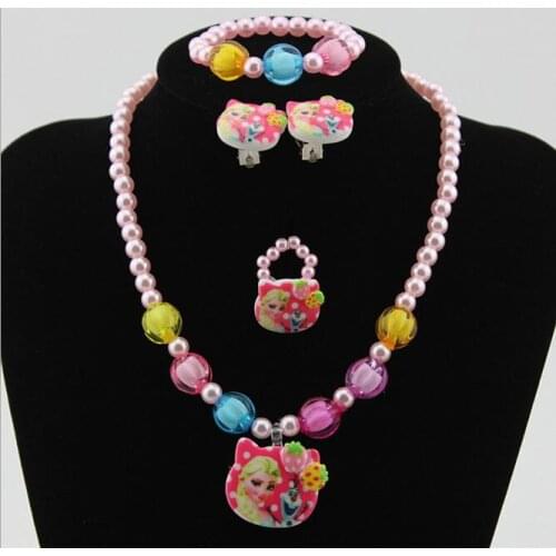 1set Girls Imitation Pearl Cartoon Princess & Snowman Necklace/Bracelet/Ring/Earrings Kids Children acting /party/Christmas Gift