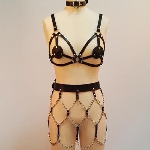 100% Handcrafted Women O Choker Sexy Leather Caged Bra Bralet Bondage Top Frame Wave Chain Skirts Dress Waist Belt Cosplay