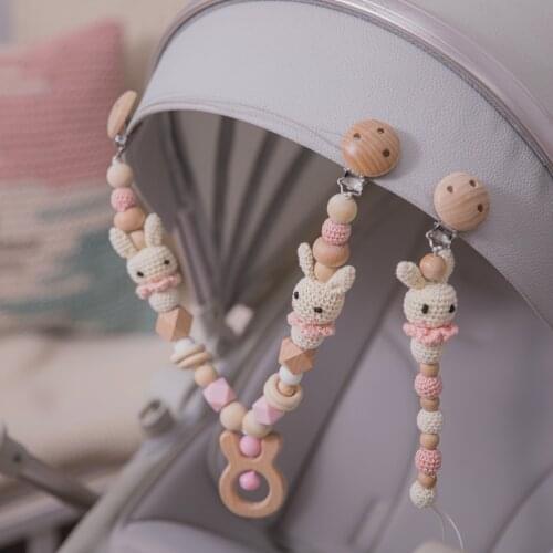 4 pcs/set Newborn Teether Toy Set Cute Rabbit Crochet Beads Wooden Rings Bracelet Pacifier Chain Holders Cart Chain Baby Gifts