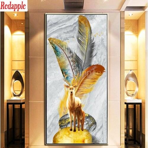 5d Diy Diamond Painting abstract gold deer feather art diamond rhinestone full square round diamond embroidery mosaic home decor