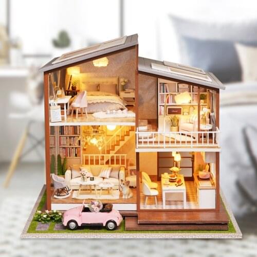 Furniture Doll House Wooden Miniature DIY DollHouse Furniture Kit Assemble with Dust Cover Doll Home Toys For Christmas Gift