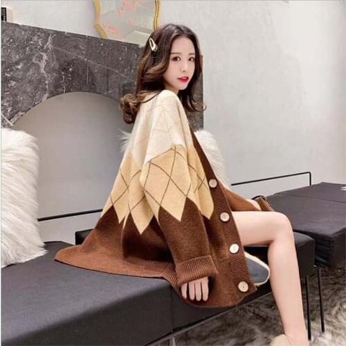 Graphics Caridgan Sweaters Fashion 2019 Women Autumn Winter Vintage Long Sleeve Loose Caridgan Female Knitted Jacket Coat OS132