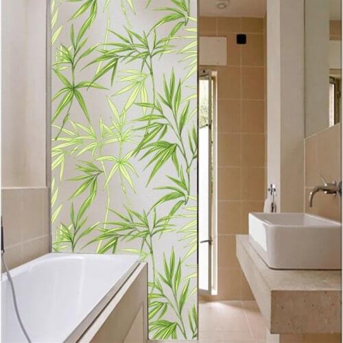 Idyllic green bamboo leaves pattern glue-free electrostatic glass film window opaque home sliding door bathroom privacy film
