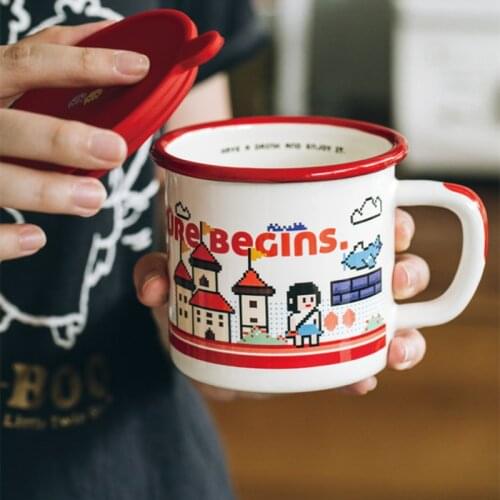 Chinese Cartoon Enamel Mileage Cup With Lid Cup Couple Gift Cute Creative Mug Large Capacity With Spoon