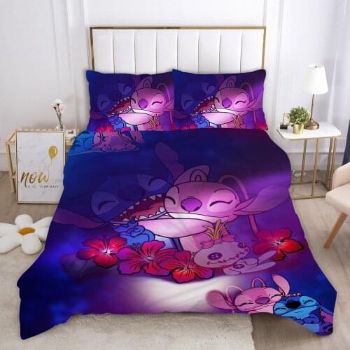Disney Lilo and Stitch Bedding Set Starry 3D Printed Purple Cartoon Duvet Quilt Cover Pillowcase Bedroom Decor for Kids and Boys