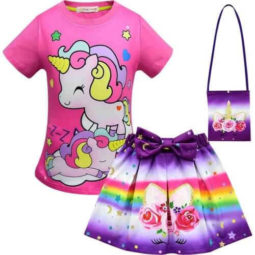Baby Girls Childrens Sets Summer Cartoon Unicorn T-shirt Tops Bow Flower Skirt Stylish Outfit Set Girl Cute Rainbow Bag 3PCS