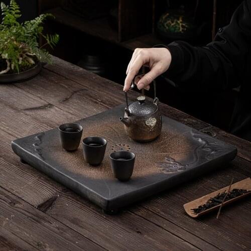 Square Dry Pour Tea Tray JapaneseStyle Large Water Storage and Drainage Dual-Use Dry Pour Tea Tray Ceramic Tray Saucer Tea Table