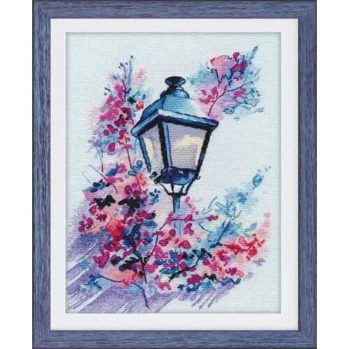 Lovely Gold Collection Counted Cross Stitch Kit Lamp among flowers water color colorful Street lamp