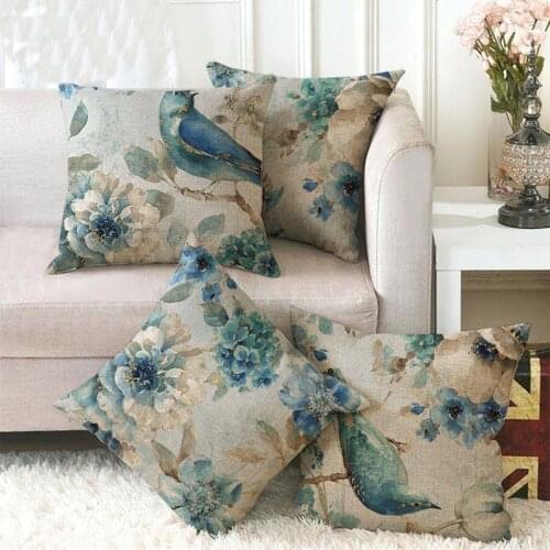 Cotton Linen Birds And Flowers Sofa Decorative Cushion Cover Pillow Pillowcase 45*45 Throw Pillow Home Decor Pillowcover