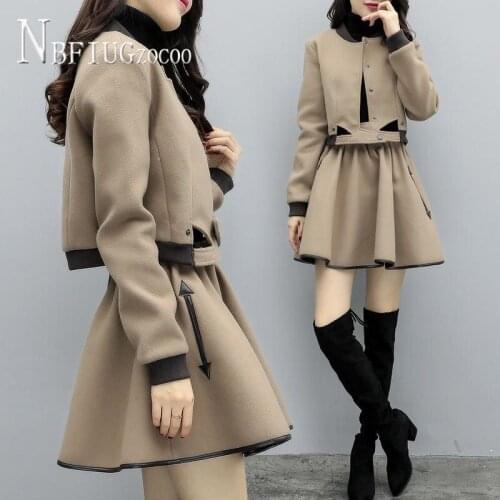 2020 New Autumn Winter Woolen Sets Short Style Coat And Elastic Waist Skirt Female Sets