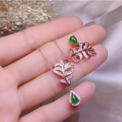 Natural green jasper gem Ring necklace Natural Gemstone Jewelry Set S925 Silver elegant feather Leaves girl party gift jewelry