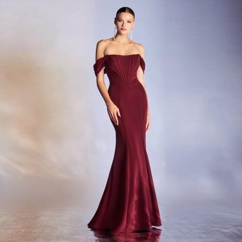 Sexy Burgundy Satin Prom Dresses Mermaid Long Off Shoulder Party Gown For Women