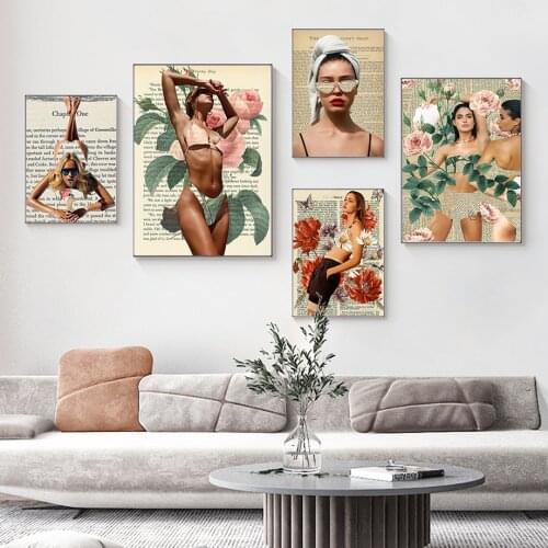 Sexy Beach Girl Collage Flower Fashion Wall Art Canvas Painting Nordic Posters And Prints Wall Pictures For Living Room Decor