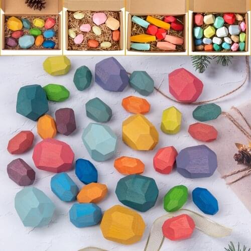 Baby Toy Wooden Jenga Building Block Colored Stone Creative Educational Toys Nordic Style Stacking Game Wooden Toy Rainbow Stone
