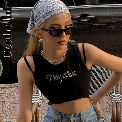 Ucuhulnl Gothic Street Double Shoulder Strap Hot Rhinestone Letter Pattern Irregular Top Ins Summer Sexy Navel Vest