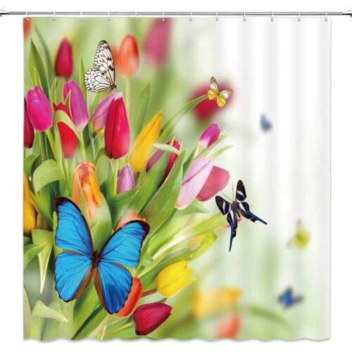 Tulip Floral Butterfly Shower Curtain Colorful Spring Flower Plant Scenery Bathroom Decor Home Bathtub Polyester Curtains Set
