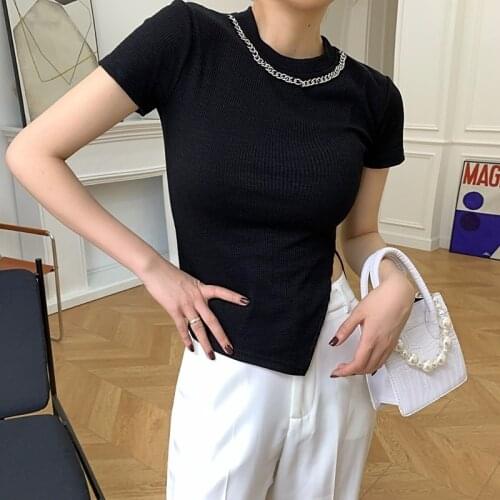 2021Summer New Ribbing Tight O collar Short Sleeve T-Shirt Short Style irregular Split fork Womens T-Shirt