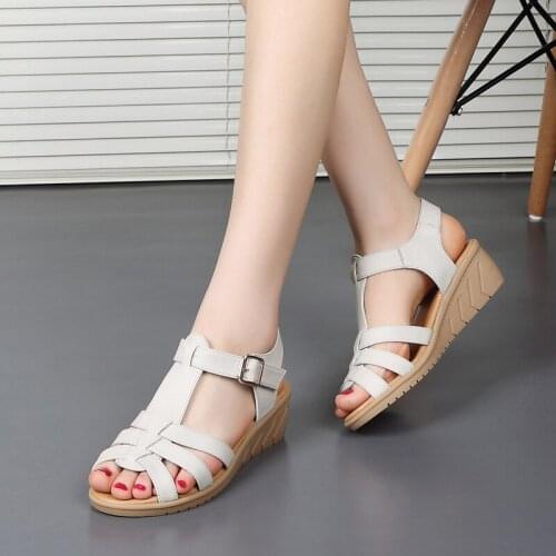 Women sandals summer 2020 female leather black sexy high heel sandals woman peep-toe wedge comfortable sandals slip-on shoes