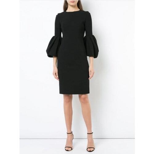 Womens Pencil Dress 2021 New O neck Slim Black Package Hip Three Quarters Flare Sleeve Summer Dresses Commute Knee Length Dress