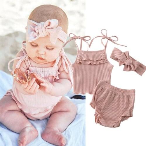 3PCS Newborn Baby Girl Ruffle sleeveless Vest Tops + Shorts Pants Outfits Summer Solid Belt summer casual Clothes Ribbed 0-18M