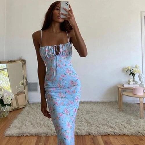 2021 Summer New Sexy Bodycon Dress Printed Pleated Backless Strap Dress Hollow Summer Beach Dress Vestidos Wn